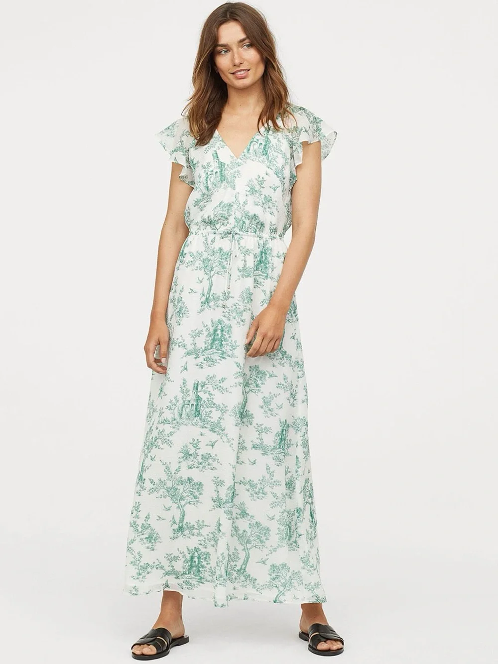 green and white dress h&m | Dresses | Hm Maxi With Toile Print Green maxi dress